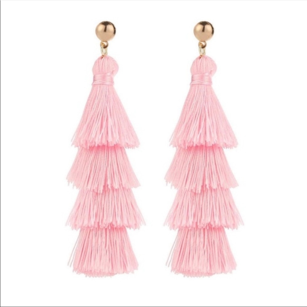 โ๏ธ 3/$15 ๐ Pink Tiered Tassel Fringe Gold Stud Earrings Festival Bohemian - Picture 5 of 9